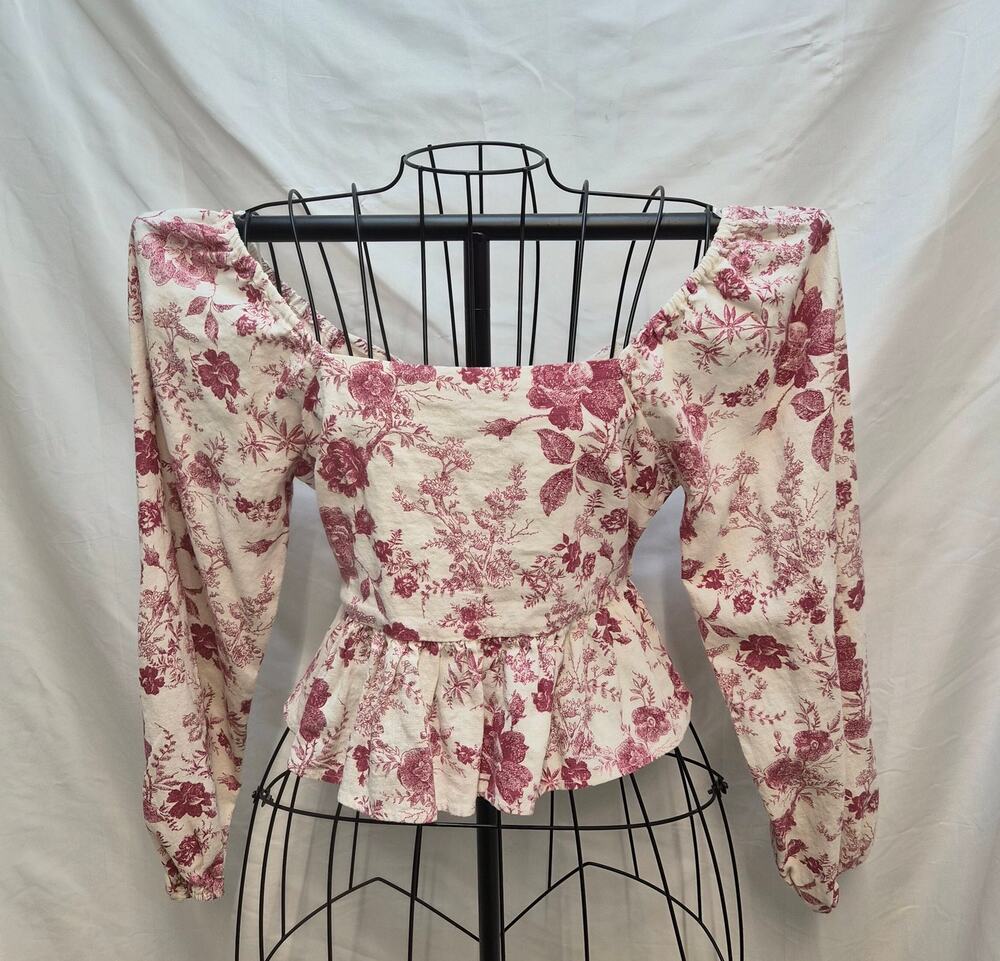 Francesca's Cream Red Floral Linen Blend Puff Sleeve Plepum Top Cottagecore Boho
